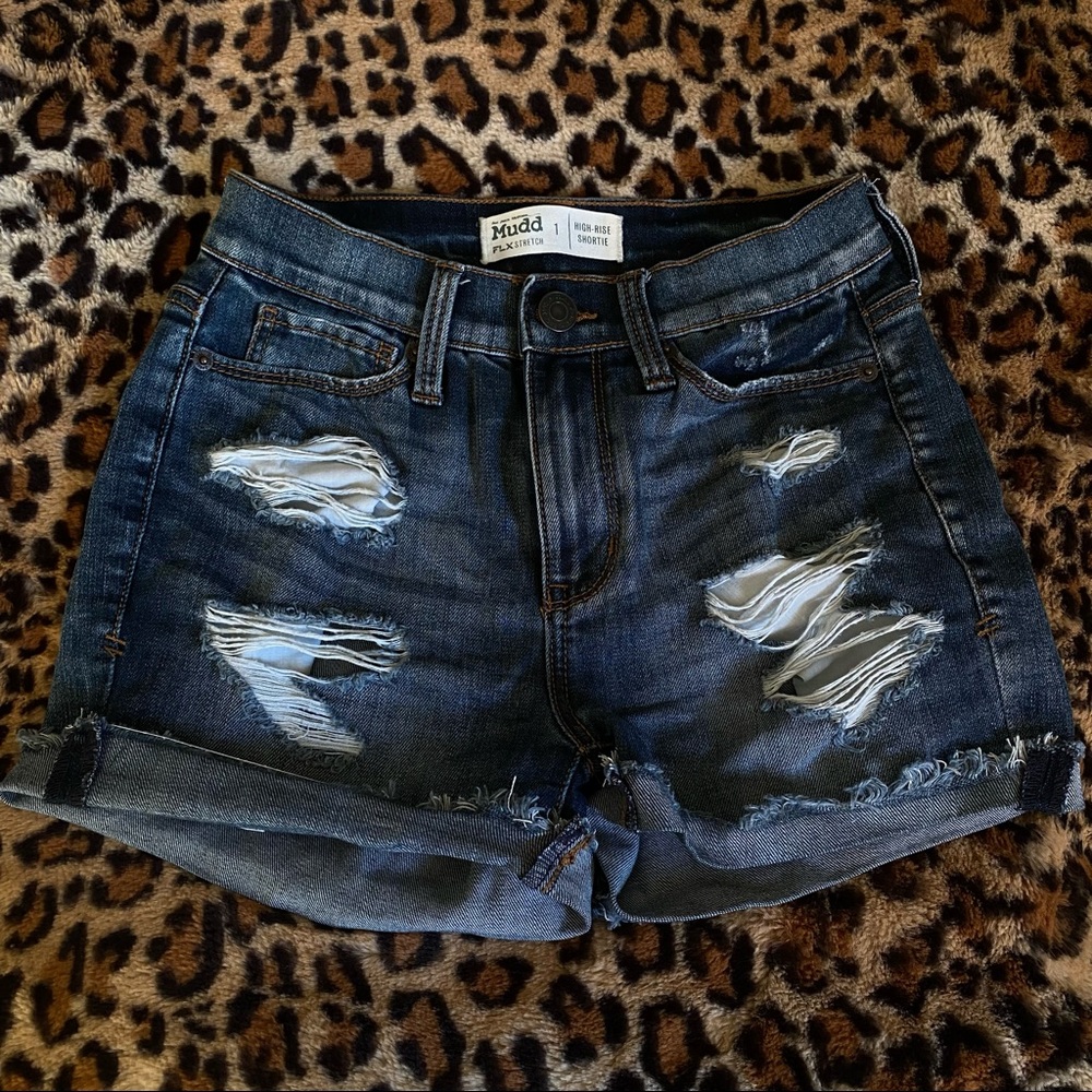 Miss FLX shortie shorts, dark distressed high rise, size 1
